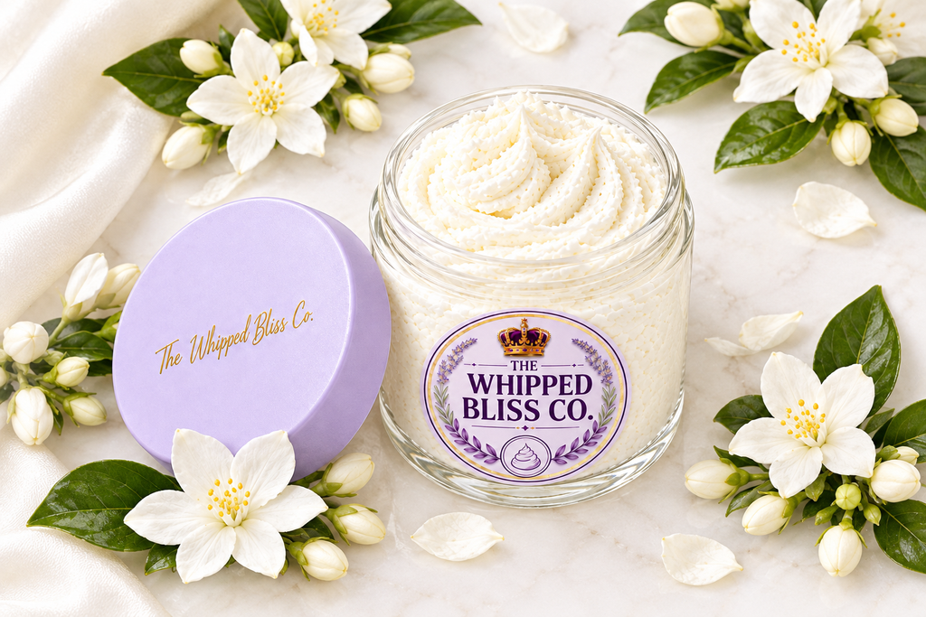 Jasmine Body Butter flat lay with jasmine flowers