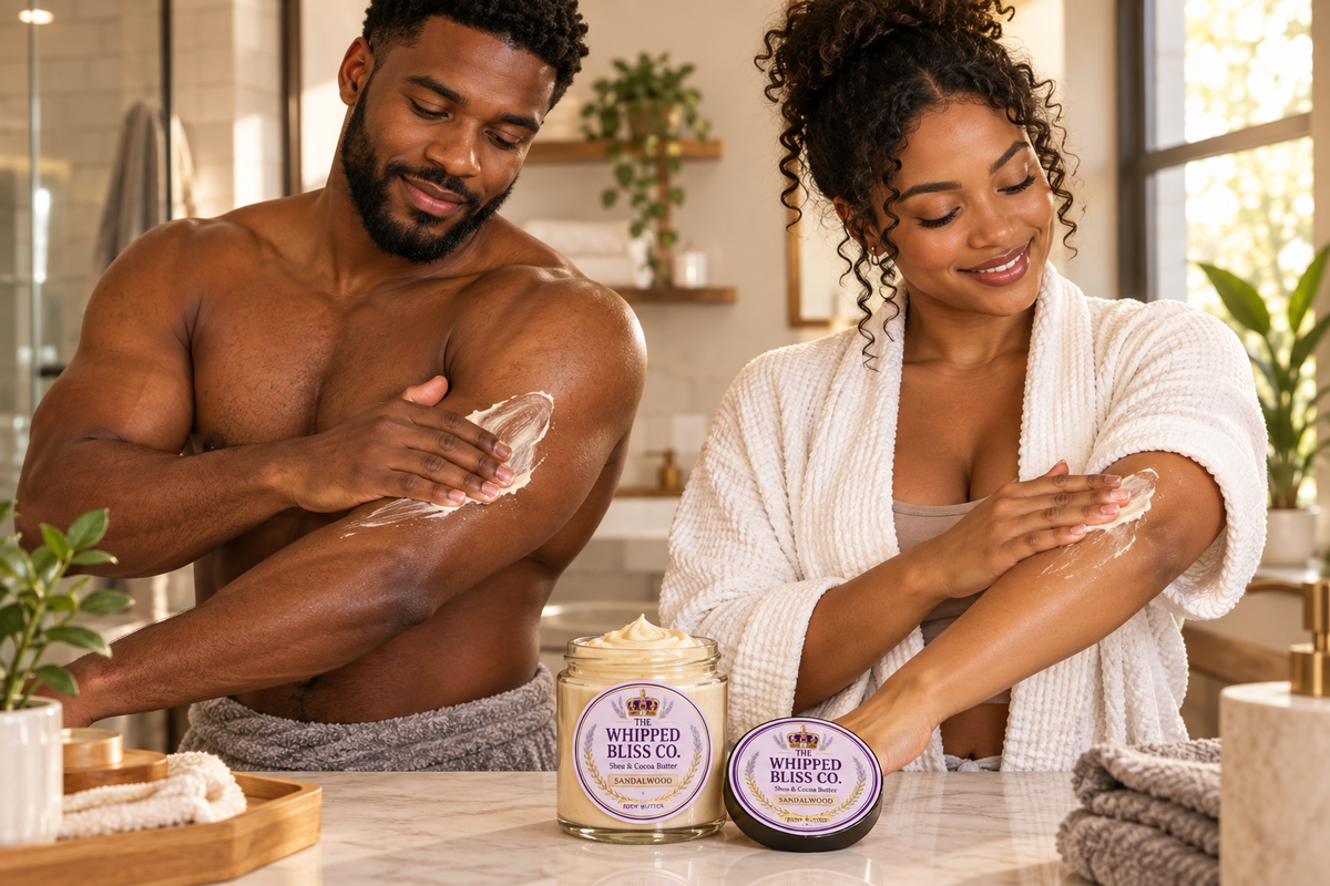 Man and woman applying sandalwood body butter