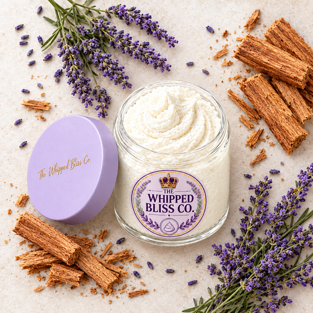 Sandalwood and Wild Lavender Body Butter flat lay with lavender sprigs