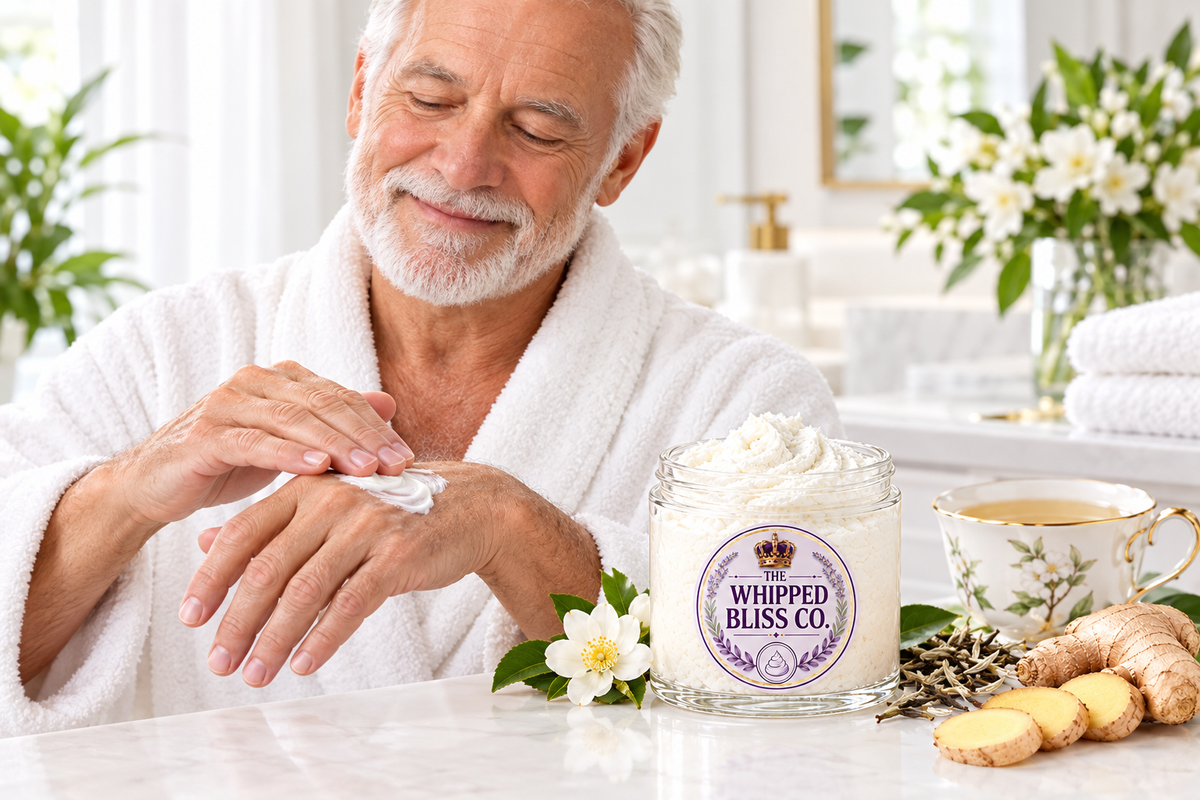Man applying White Tea and Ginger Body Butter in a bright bathroom