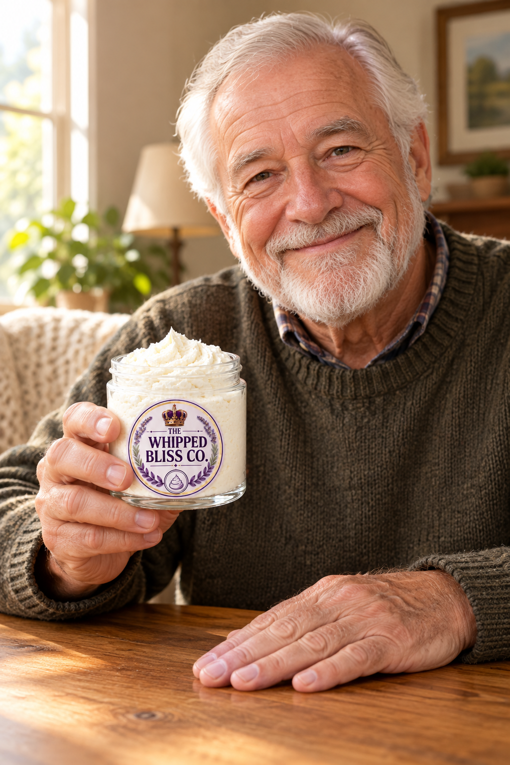 Elderly man holding Cedar Body Butter jar for scale reference