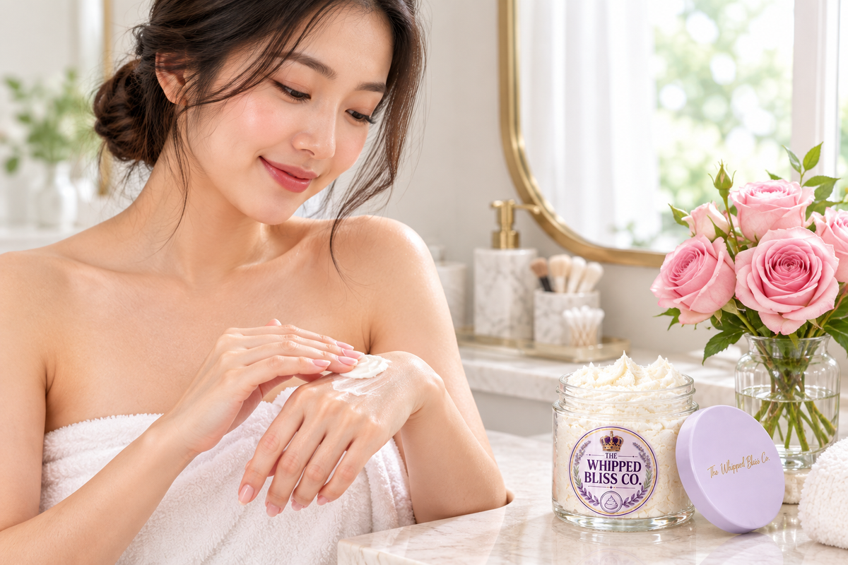 Woman applying Rose Body Butter at a bathroom vanity
