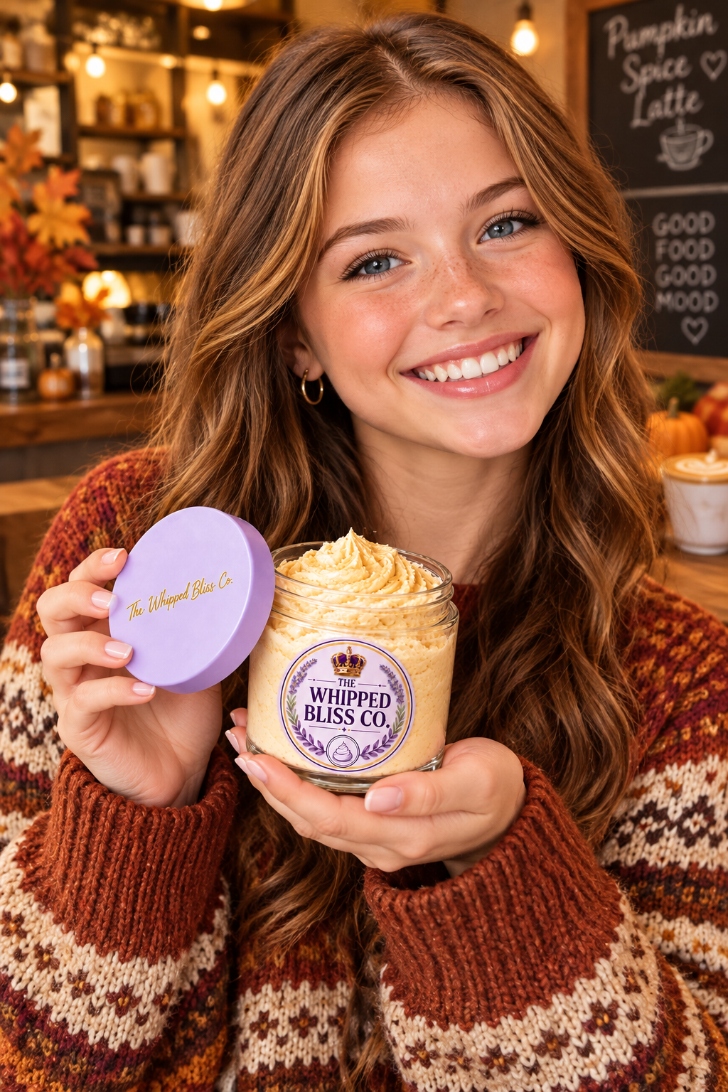 Teen holding Roasted Hazelnut Body Butter jar for scale reference
