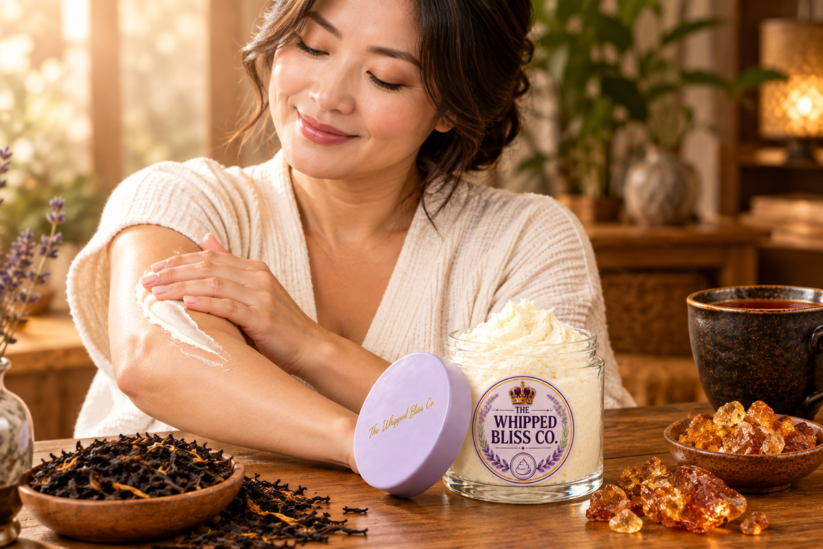 Woman applying Black Tea and Amber Body Butter at a wooden table