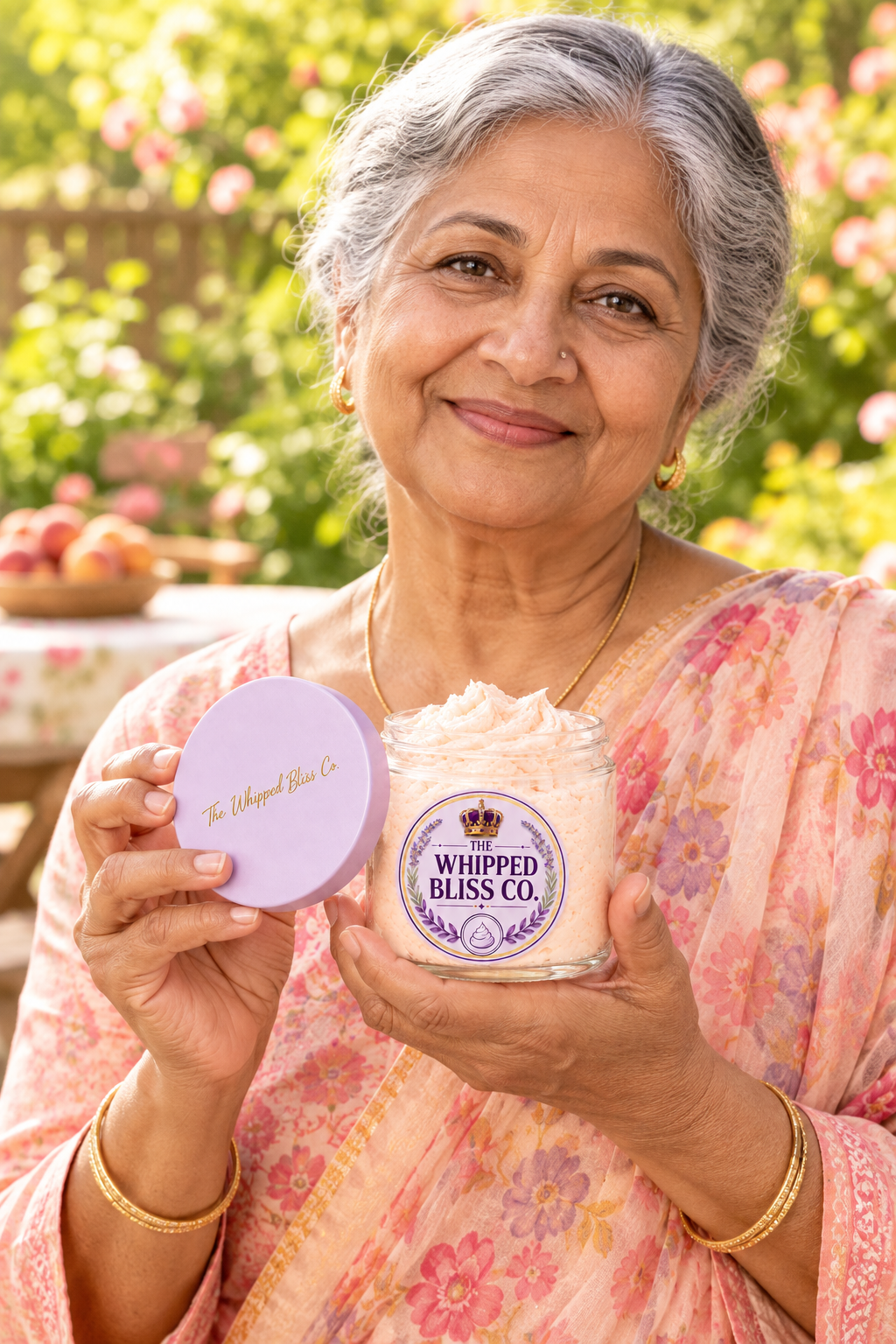 Woman holding Peach Body Butter jar for scale reference