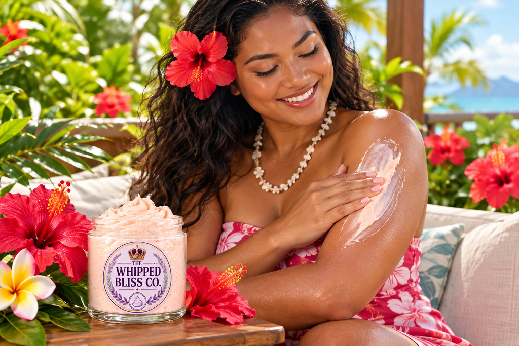 Woman applying Tropical Blossom Body Butter on a tropical patio