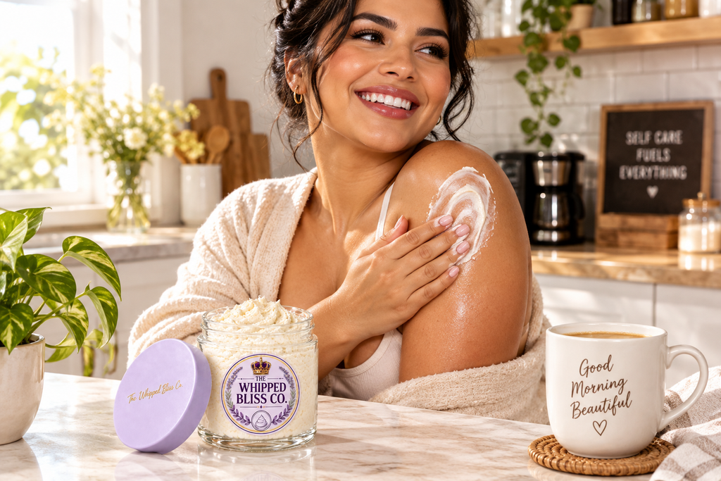 Woman applying Coffee Body Butter in a morning kitchen