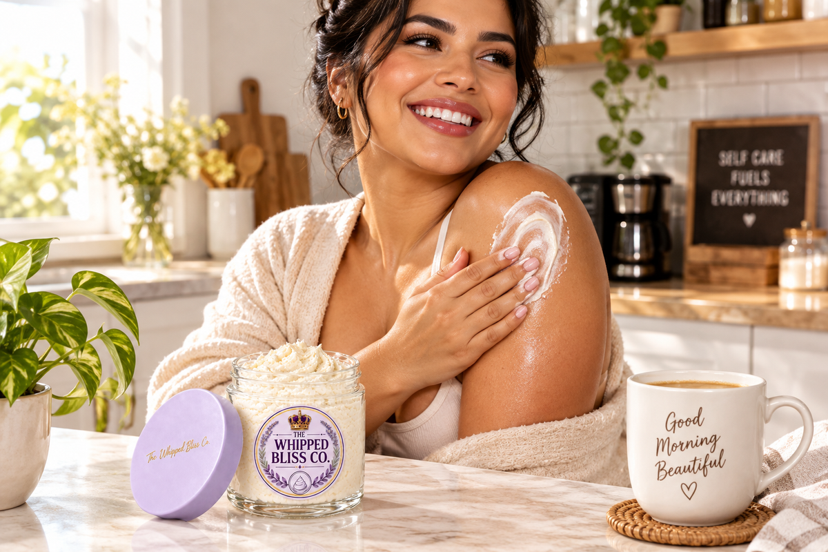 Woman applying Coffee Body Butter in a morning kitchen