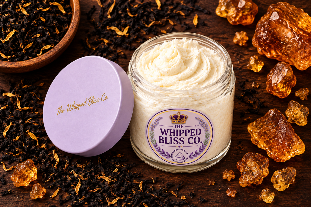 Black Tea and Amber Body Butter flat lay with tea leaves and amber resin