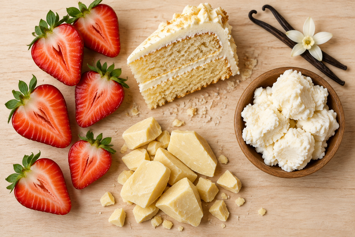 Flat lay of strawberry shortcake ingredients
