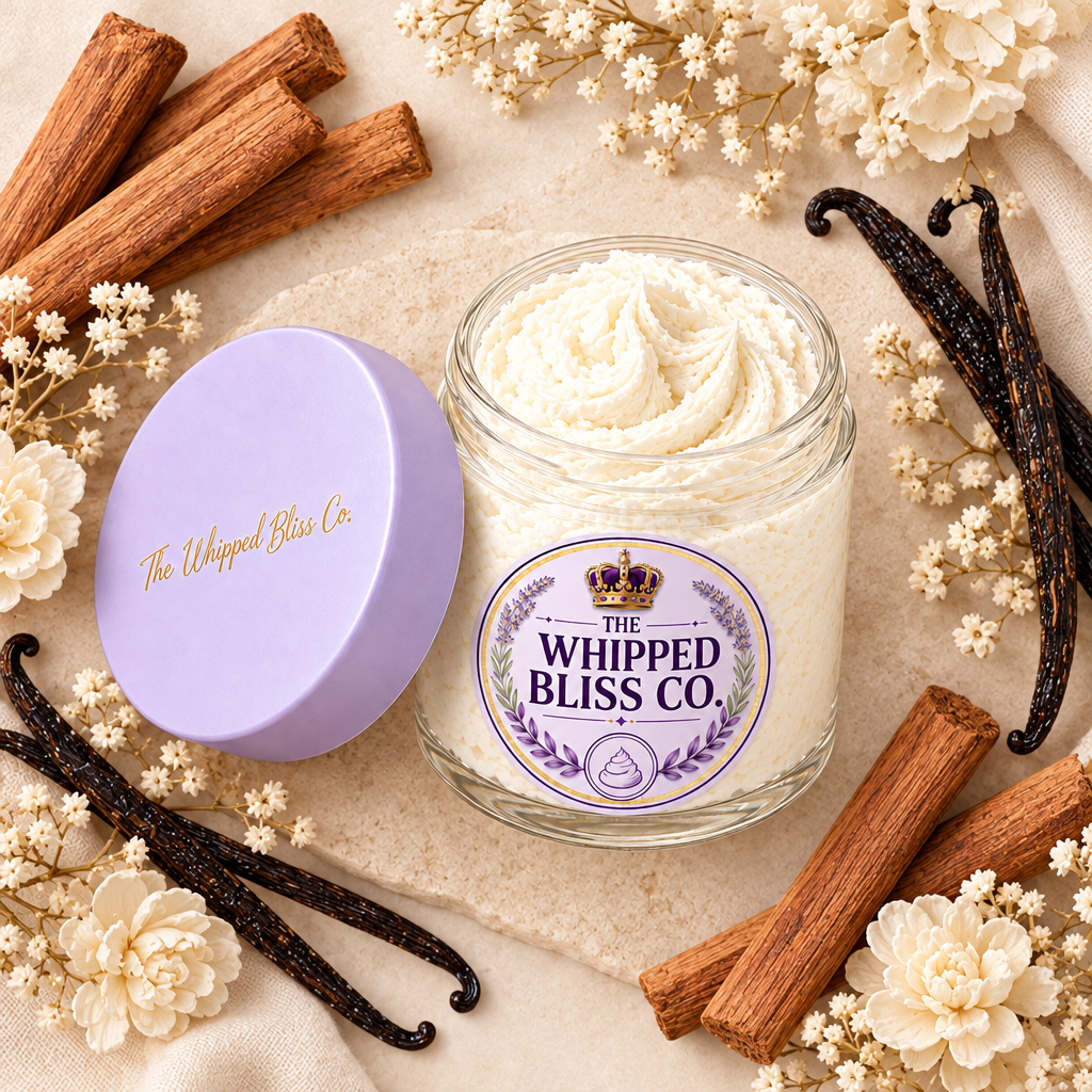 Sandalwood Vanilla Body Butter flat lay with vanilla pods and sandalwood sticks
