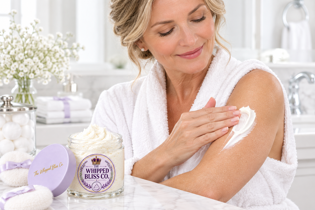 Woman applying Baby Powder Body Butter in bathroom