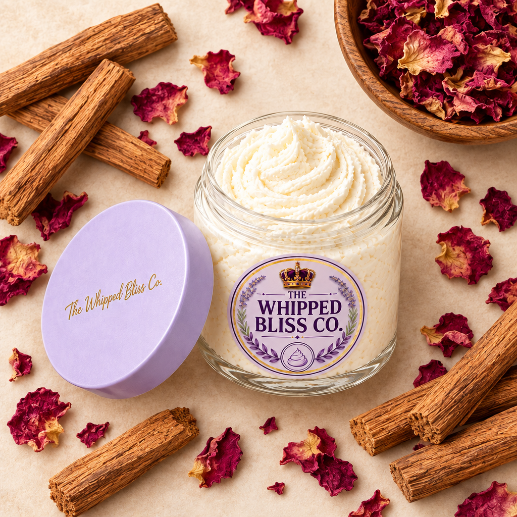 Sensuous Sandalwood Body Butter flat lay with sandalwood sticks and rose petals