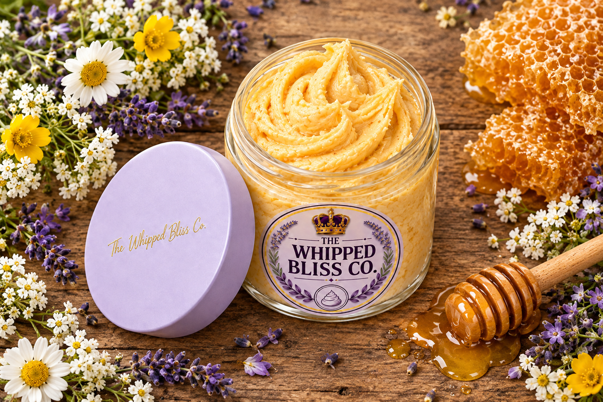 Wildflower Honey Body Butter flat lay with flowers and honeycomb