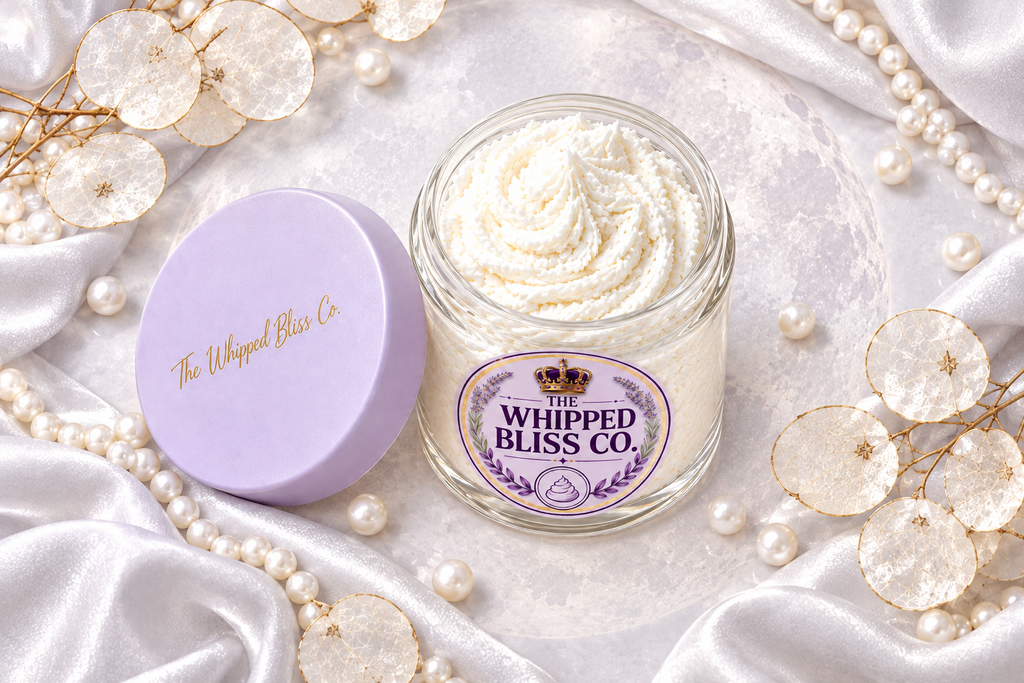 Moonlit Cashmere Body Butter flat lay with satin and pearls