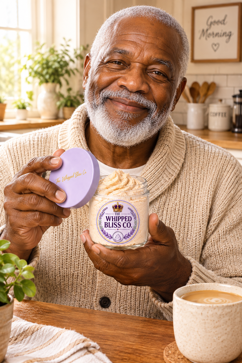 Man holding Coffee Body Butter jar for scale reference