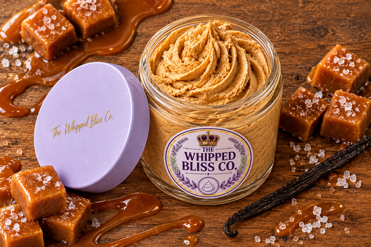 Caramel Drizzle Body Butter flat lay with caramel candies