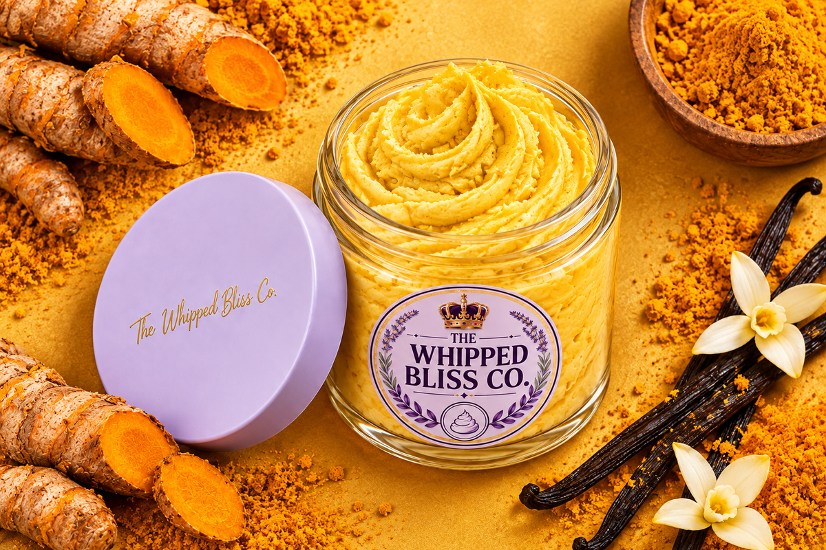 Turmeric Body Butter flat lay with turmeric root and vanilla pods