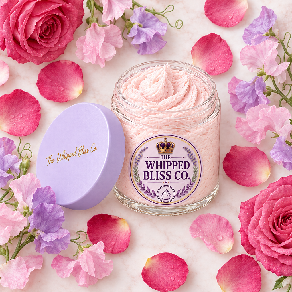 Velvet Rose and Sweet Pea Body Butter flat lay with rose and sweet pea petals