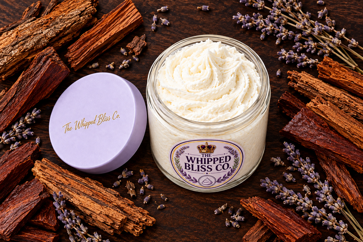 Teakwood & Mahogany Body Butter flat lay with wood pieces and lavender