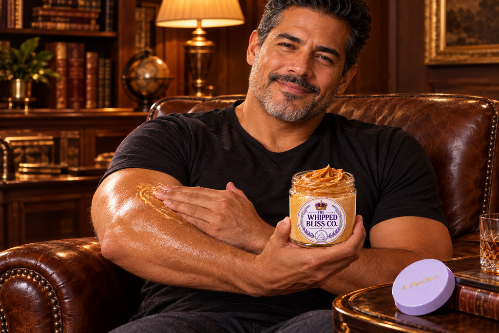 Man applying Bourbon Pecan Body Butter in a study