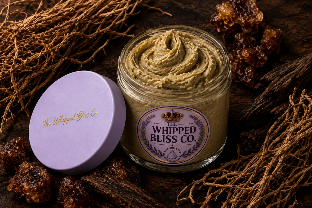 Smoky Vetiver Body Butter flat lay with vetiver root and amber resin