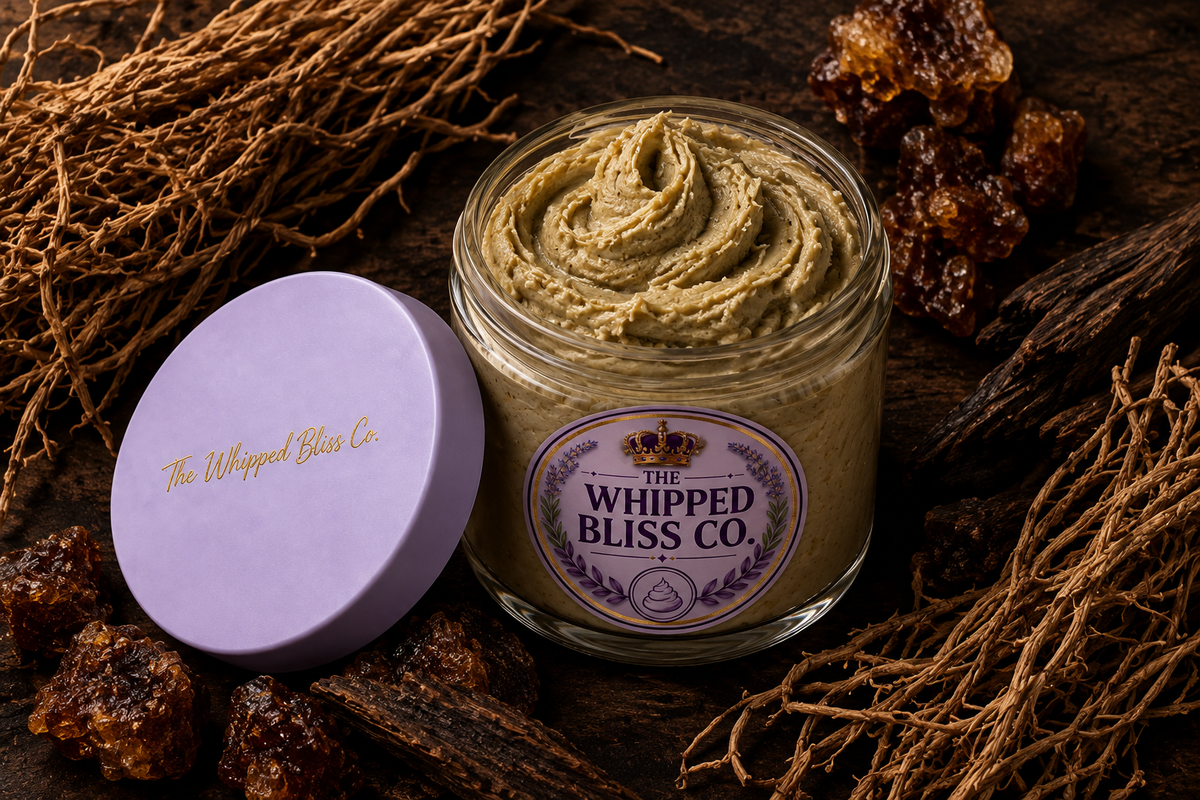 Smoky Vetiver Body Butter flat lay with vetiver root and amber resin