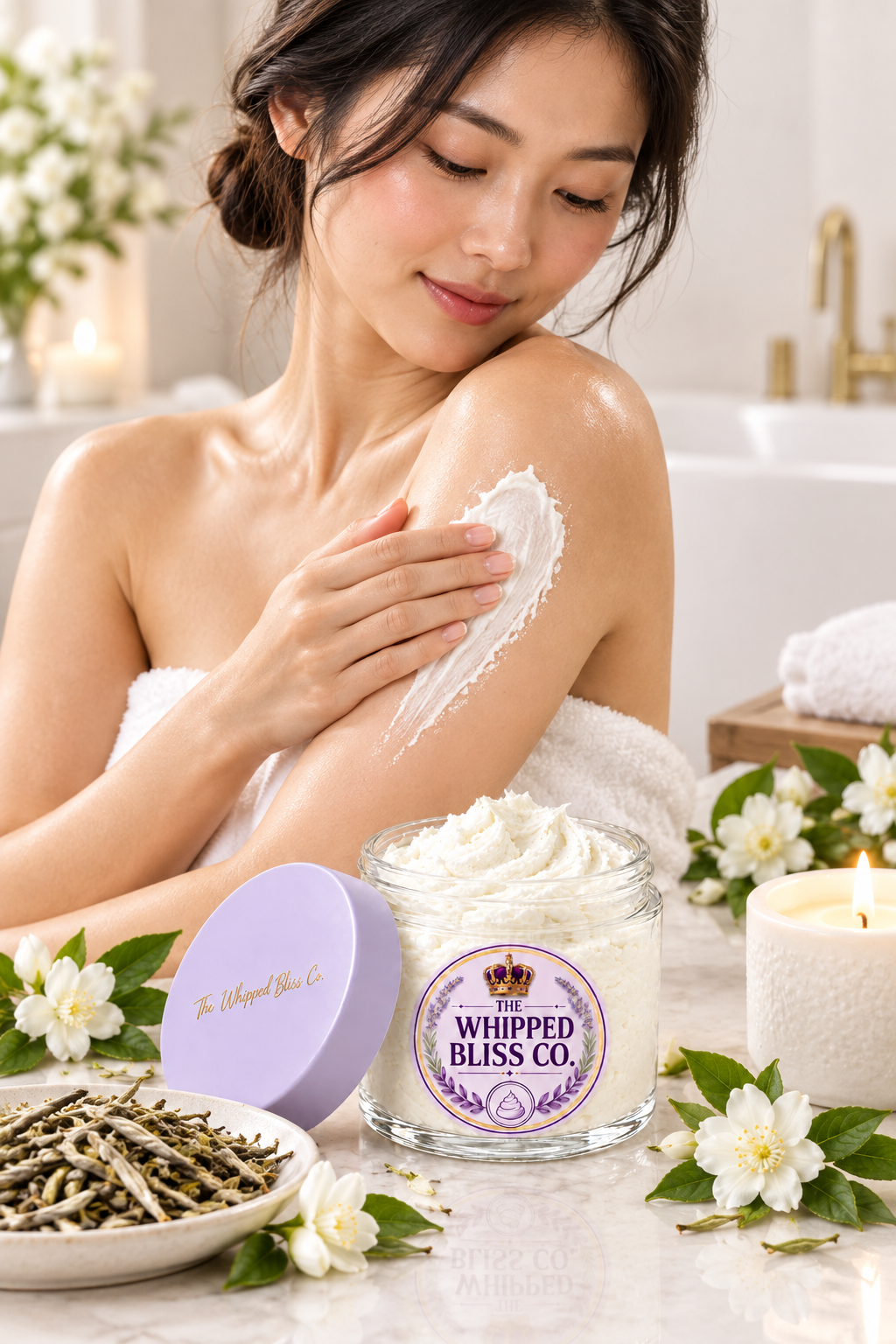 Woman applying White Tea Body Butter in a spa bathroom