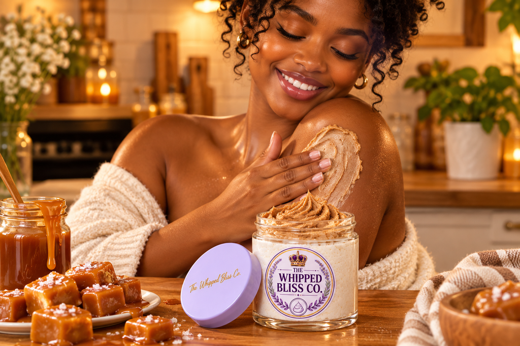 Woman applying Caramel Drizzle Body Butter in kitchen