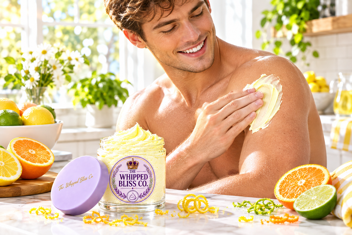 Man applying Citrus Body Butter in a sunny kitchen