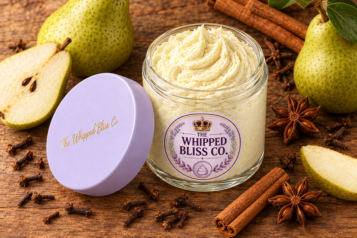 Pear & Spice Body Butter flat lay with pears and cinnamon