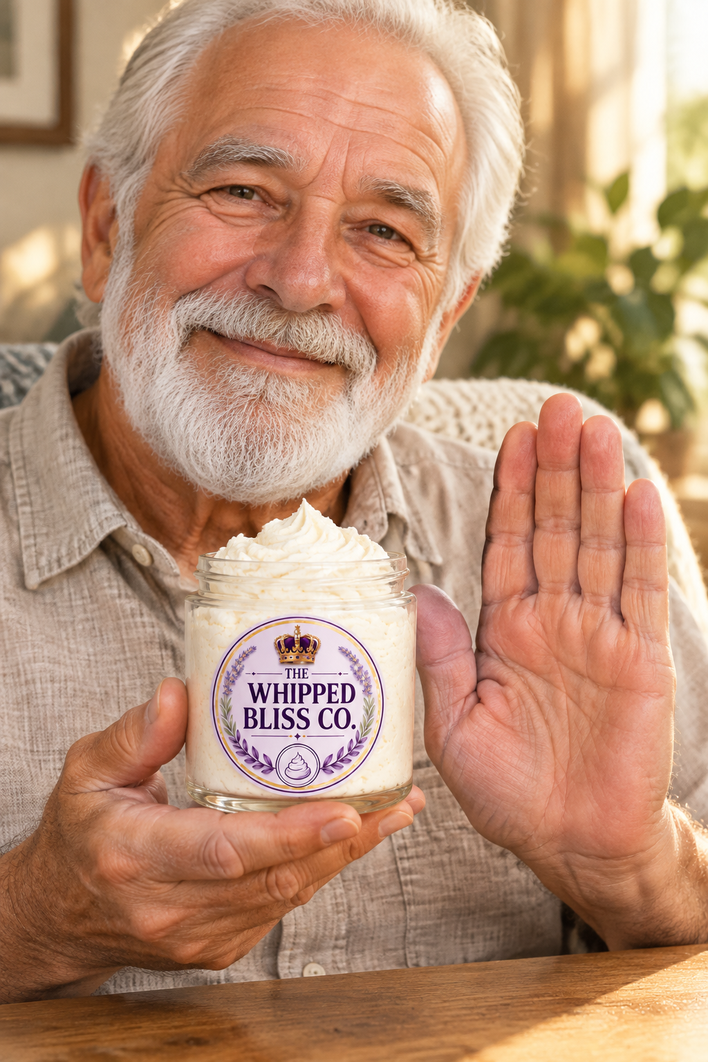 Elderly man holding Wisteria Body Butter jar for scale reference