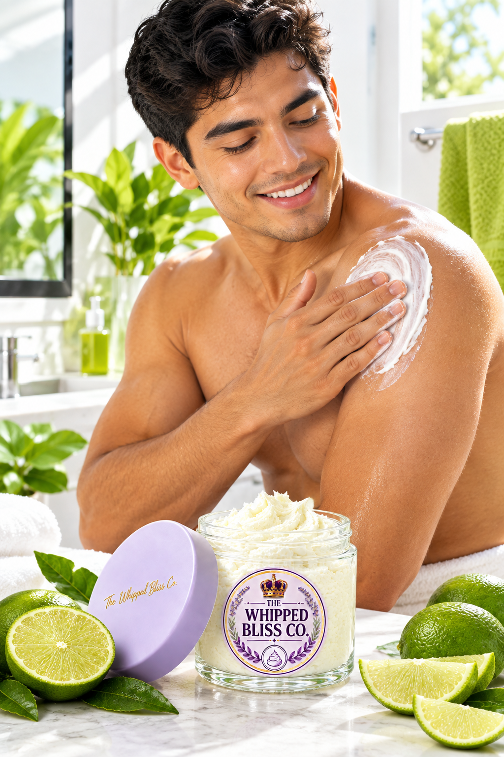 Man applying Lime Body Butter in a bright bathroom