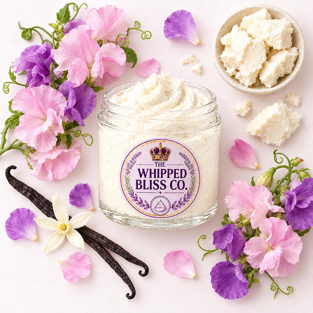 Sweet Pea Body Butter ingredient flat lay