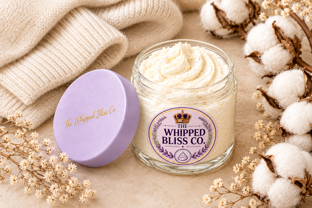 Cashmere Body Butter flat lay with cashmere sweater and cotton