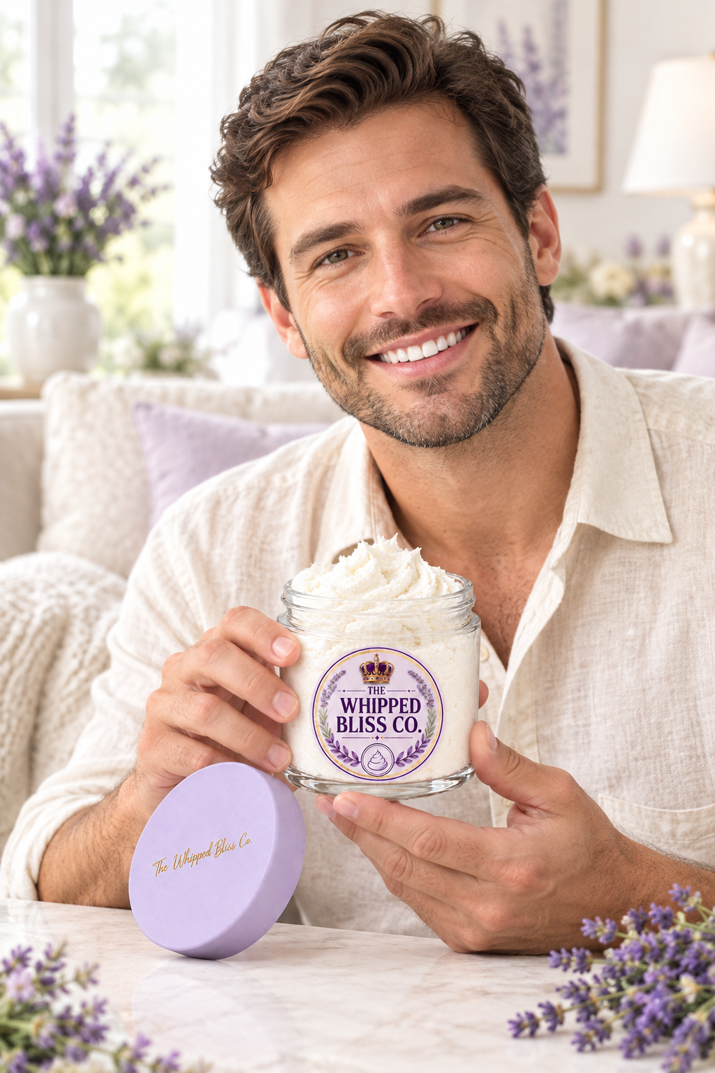 Man holding a jar of Lavender Body Butter
