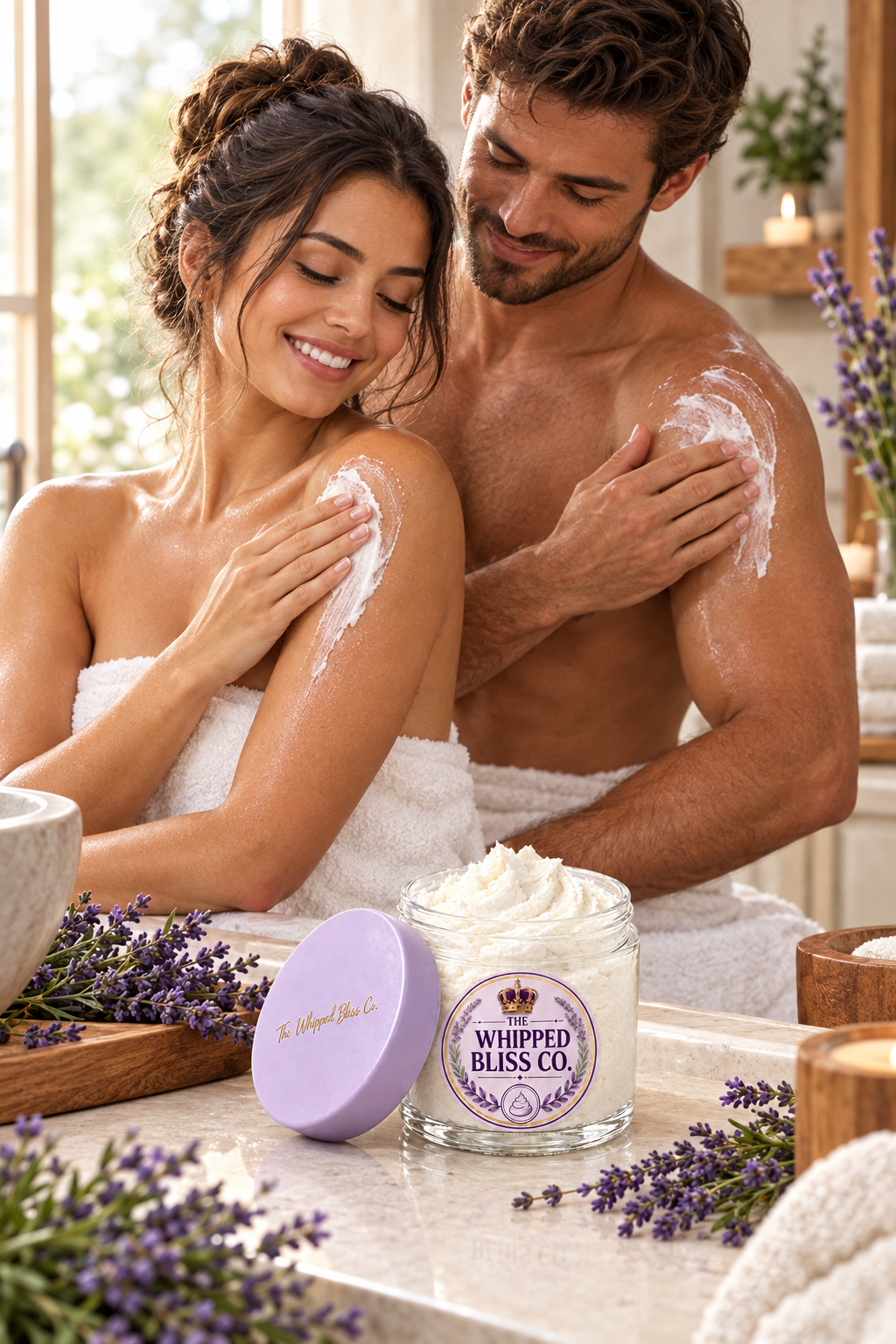 Couple applying Sandalwood and Wild Lavender Body Butter in a spa bathroom