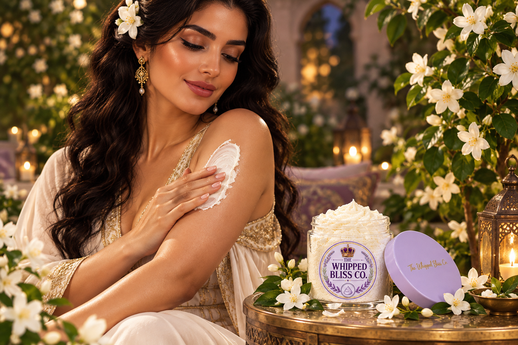 Woman applying Jasmine Body Butter in an evening garden