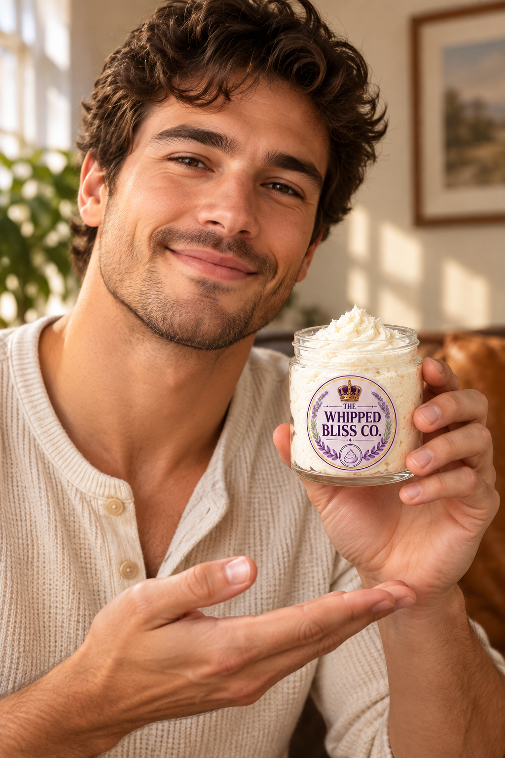 Man holding Leather Body Butter jar for scale reference