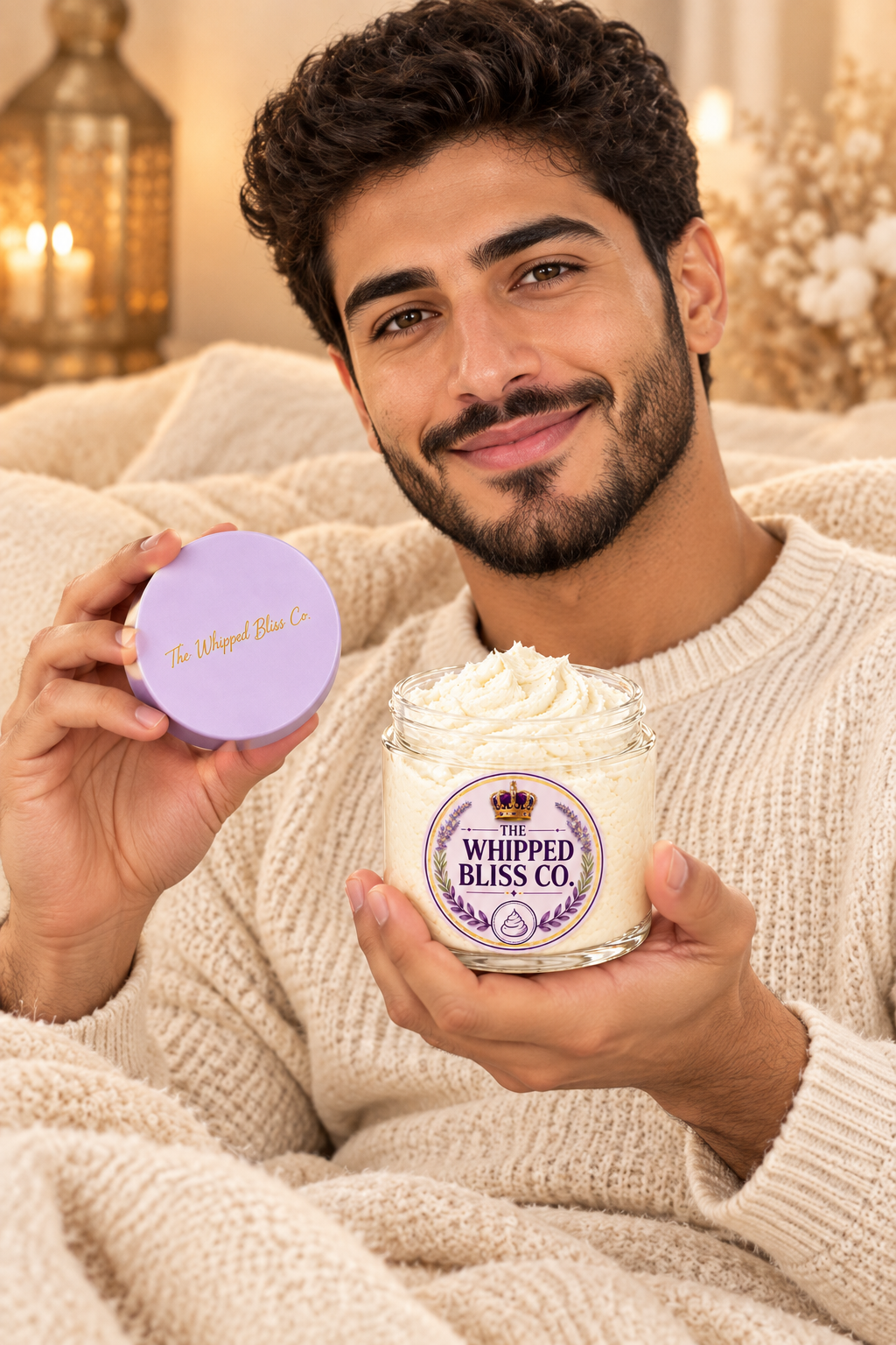 Man holding Cashmere Body Butter jar for scale reference