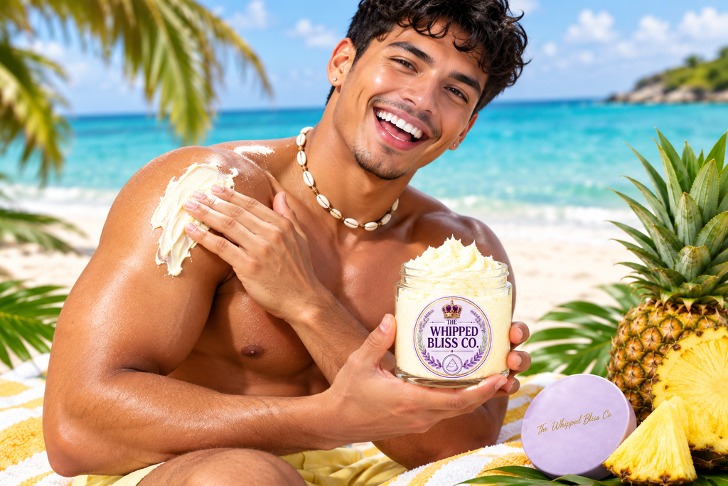 Man applying Pineapple Body Butter on a tropical beach