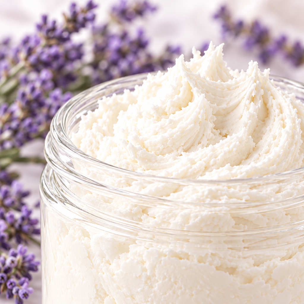 Close-up of ivory-white Lavender Body Butter whipped texture