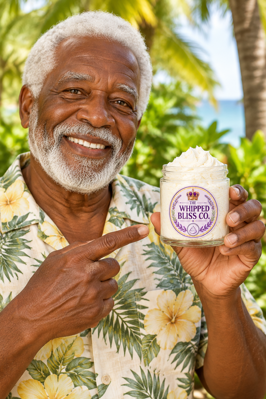 Elderly man holding Coconut Body Butter jar for scale reference