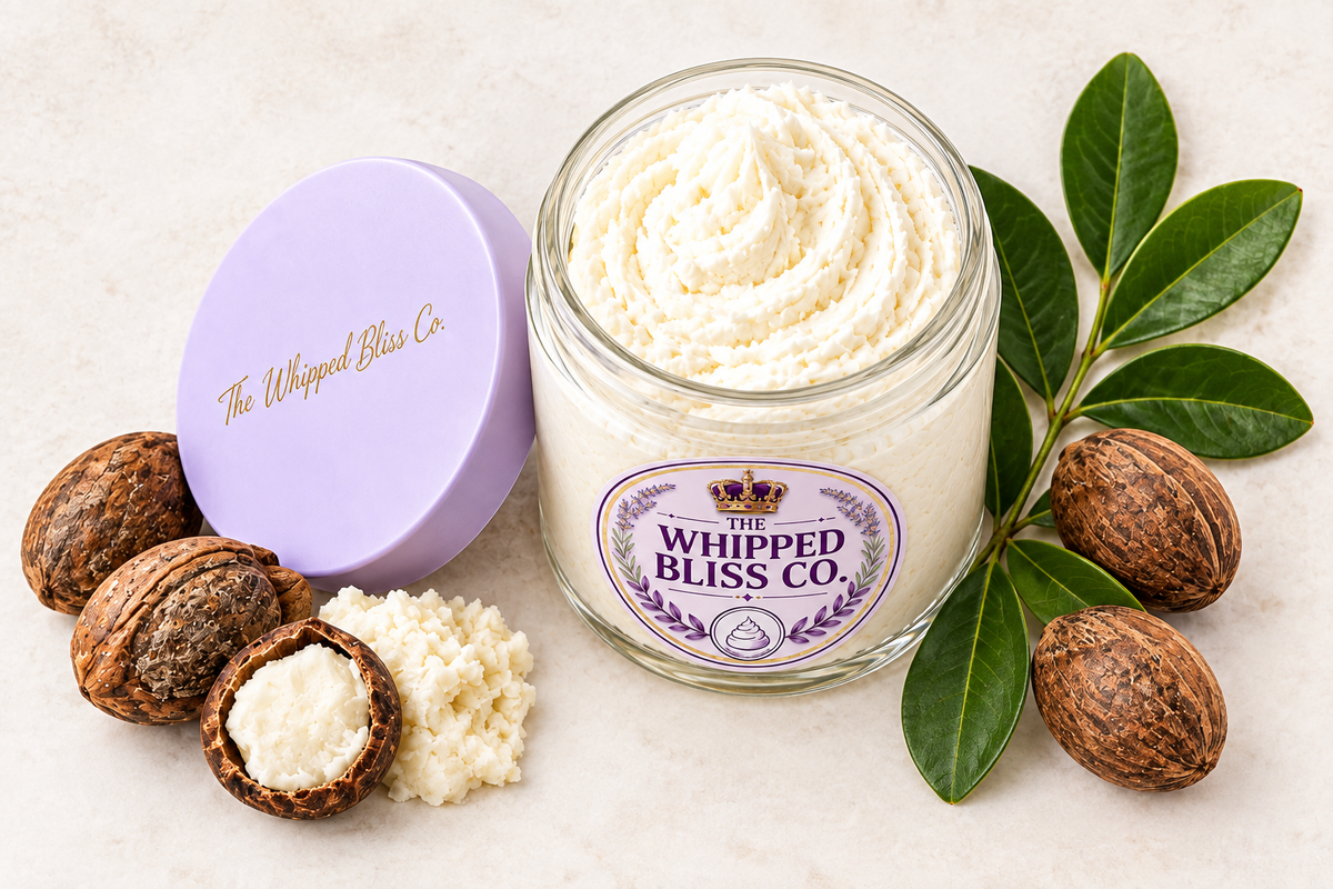 Shea Body Butter flat lay with raw shea nuts