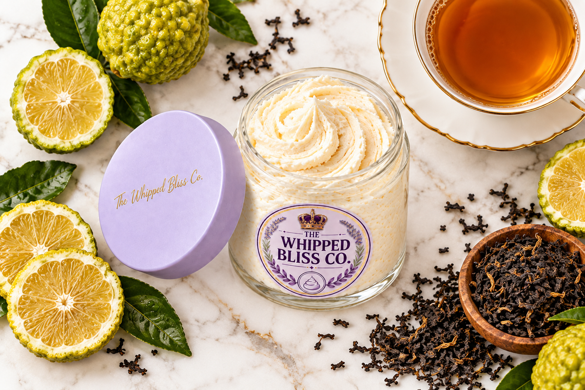Bergamot Black Tea Body Butter flat lay with bergamot and tea