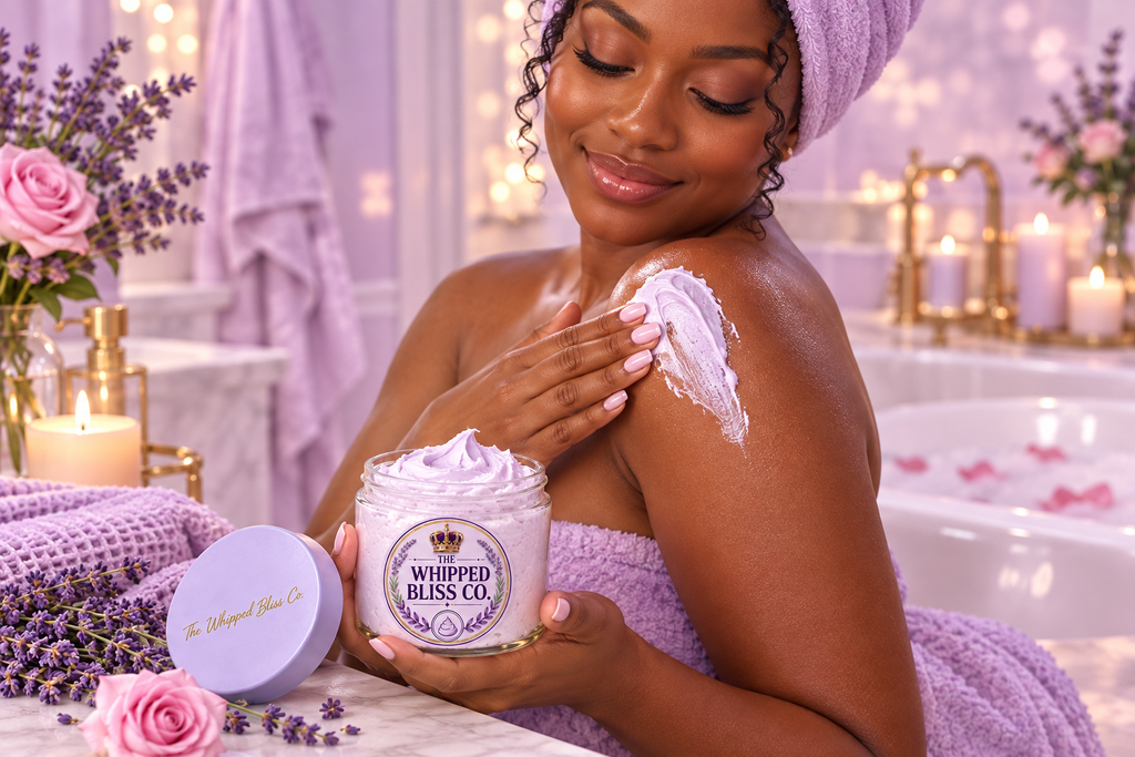 Woman applying Velvet Lavender and Rose Body Butter in a romantic lavender bathroom