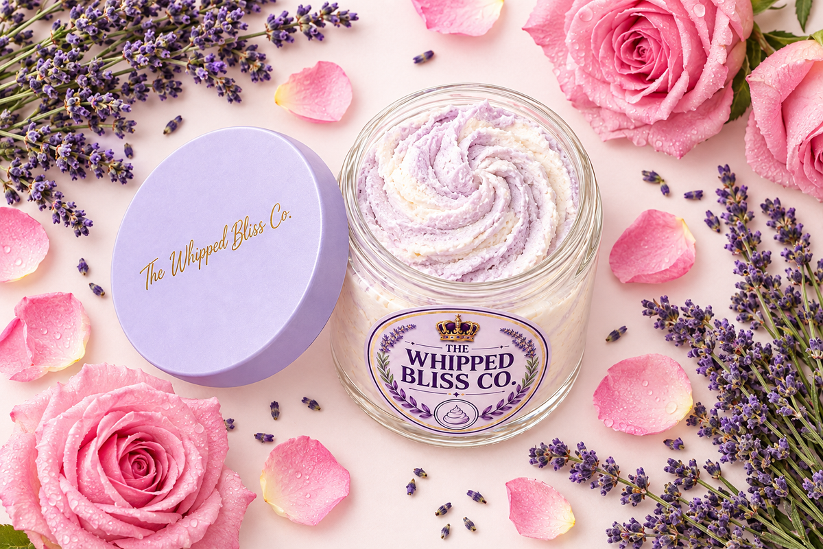 Velvet Lavender and Rose Body Butter flat lay with lavender and rose petals