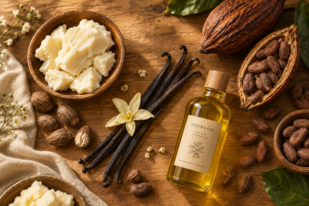 Flat lay of sweet vanilla bean body butter ingredients