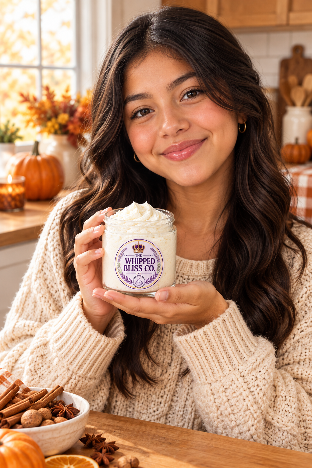 Young girl holding Harvest Spice Body Butter jar for scale reference