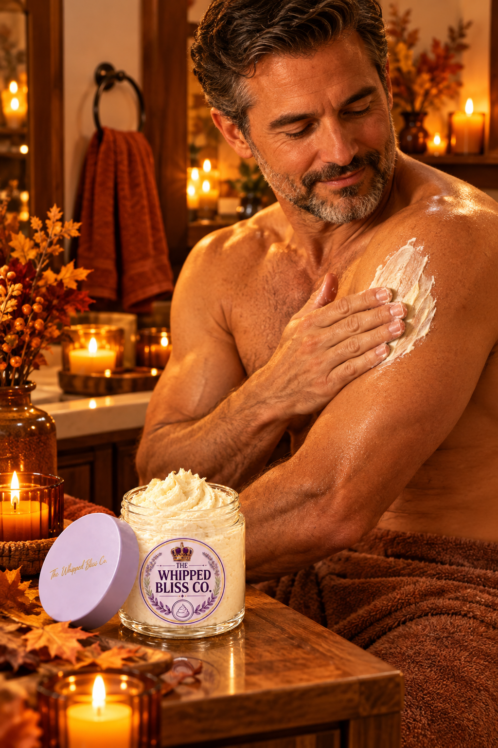 Man applying Sweet Tobacco Body Butter in a cozy fall bathroom